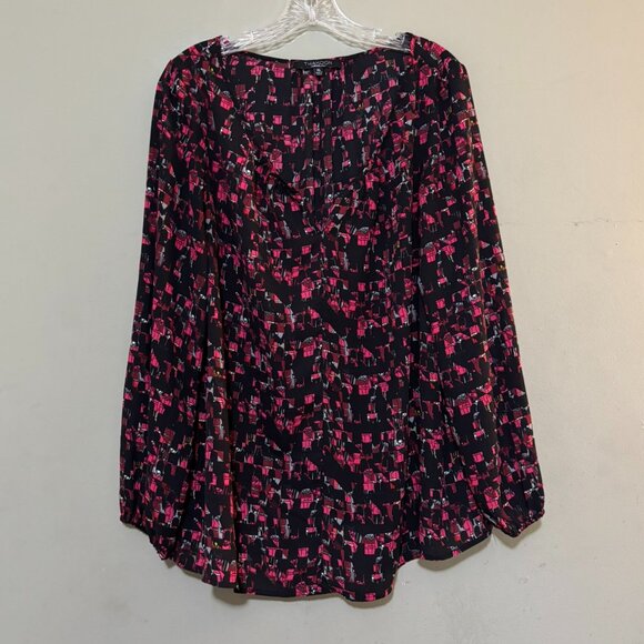 Thakoon for Design Nation Black + Pink Abstract Print Long-Sleeve Blouse — XL - Picture 1 of 4